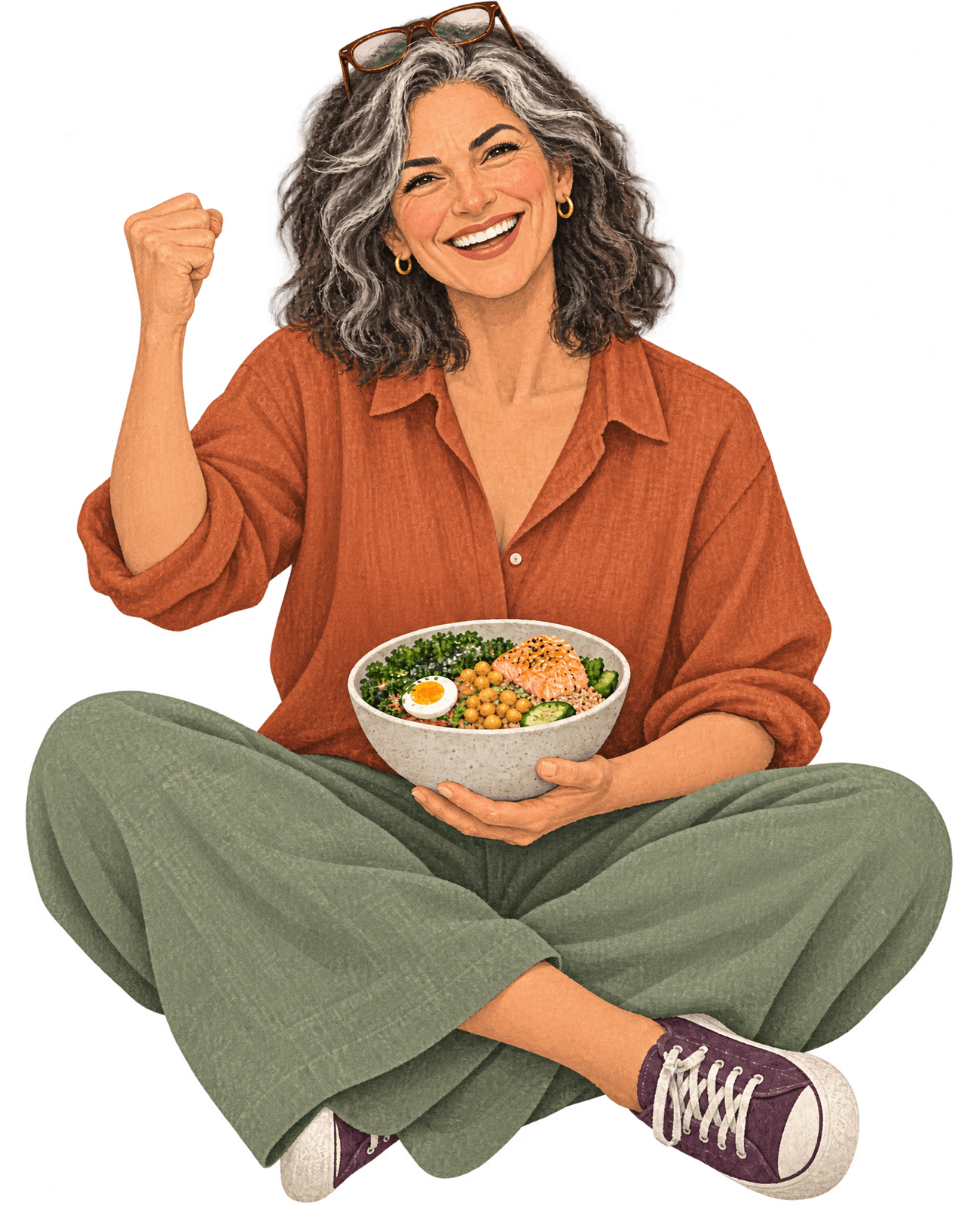 Marla cheering with her bowl in her lap.
